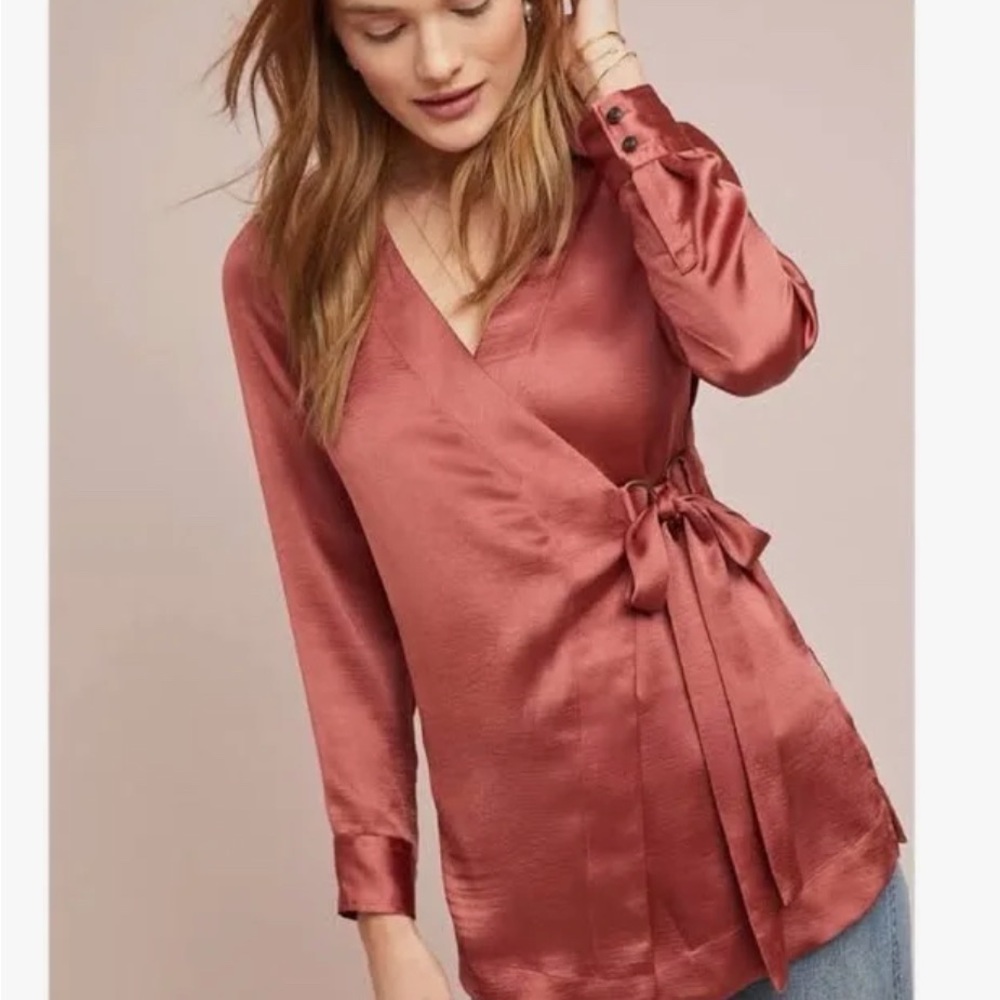 Moulinette Soeurs Pink Wrap Blouse 3/4 Sleeve Tie Front
